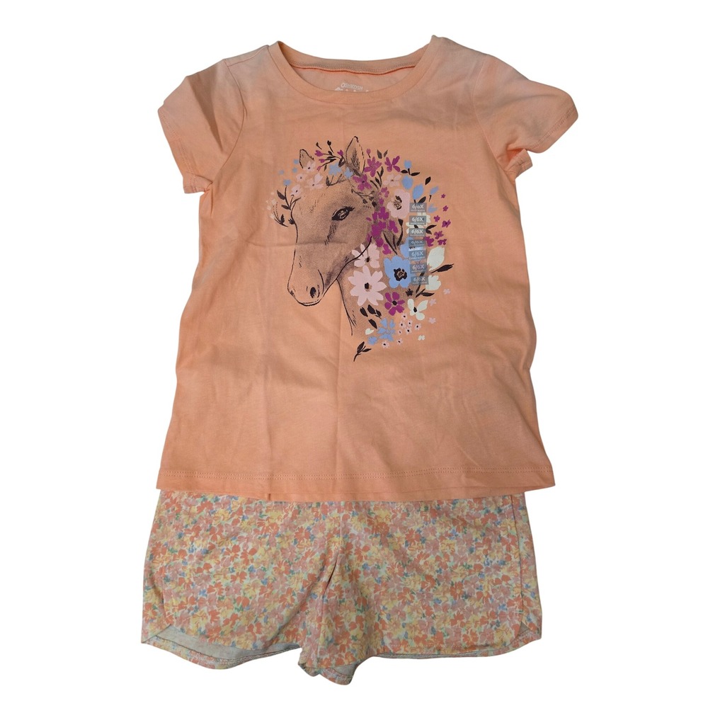 OshKosh Bgosh Girls Peach Horse Floral Short Set 2pc Shorts and Shirt 6/6X NWT